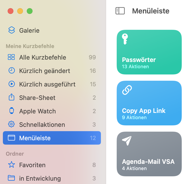 Rubrik "Menüleiste" in der Kurzbefehle-App
